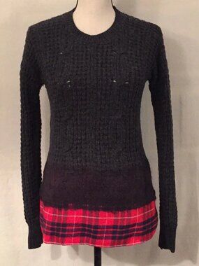 Madewell Wintermix grey wool cable knit pullover plaid flannel twofer sweater